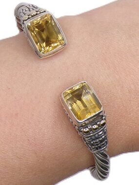 925/18k Gold Accents Citrine Hinged Cuff Bracelet – Handcrafted in Bali